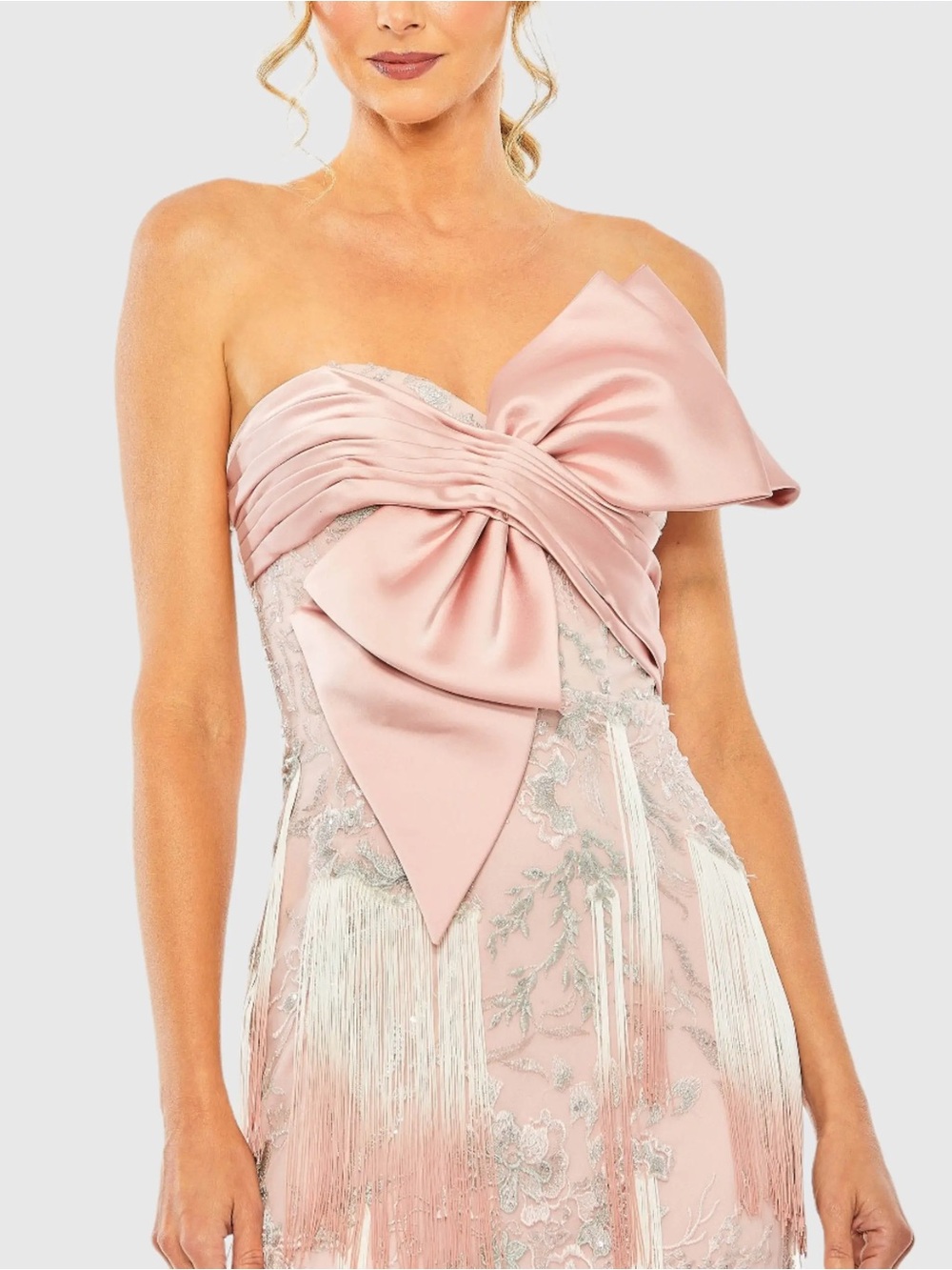 💜#75 BNWT Mac Duggal Strapless Pink Bow Front Ombre Fringe Detailed Dress